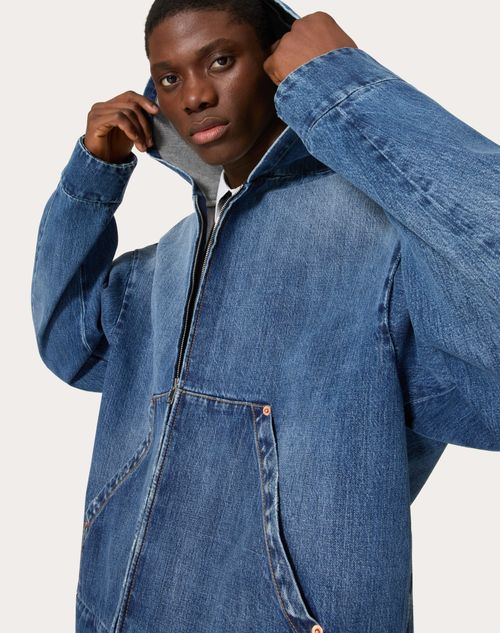 Mens jean jacket with fur hood on sale