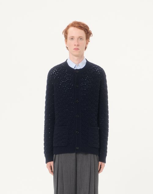 Valentino - Cardigan Valentino In Lana E Cashmere Con V Detail Metallico - Navy - Uomo - Maglieria
