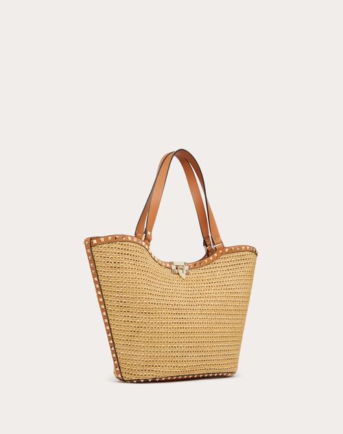 Rockstud Woven Raffia Shopping Bag for Woman in Natural/almond ...