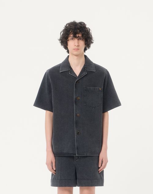 Valentino - Valentino Denim Bowling Shirt With Vgold - Black - Man - Denim