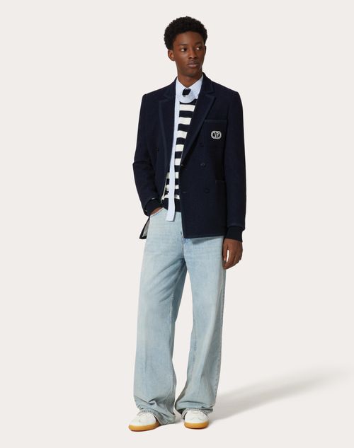 Valentino - Veste Croisée En Laine Bouclée À Broderie Vlogo Signature - Bleu Marine - Homme - Manteaux Et Blazers