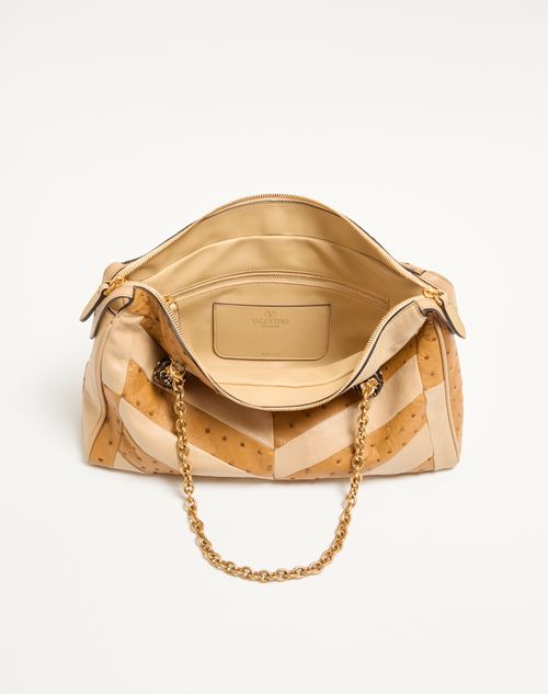 Valentino Garavani - Valentino Garavani Panthea Medium Shoulder Bag In Ostrich And Nappa Leather With A Chevron Pattern - Tobacco/gold Beige - Woman - Shoulder Bags
