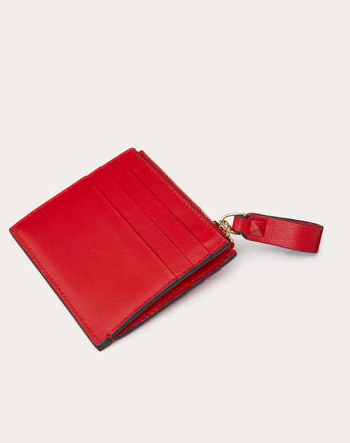 Rockstud Calfskin Cardholder With Zipper for Woman in Rouge Pur