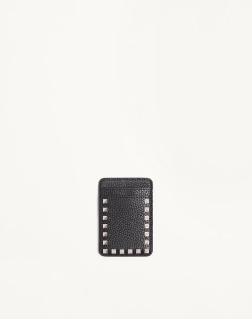 Valentino Garavani - Valentino Garavani Rockstud Magnetic Cardholder In Grainy Calfskin - Black - Man - Wallets And Small Leather Goods