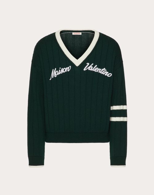 Valentino - Maison Valentino Embroidered V-neck Wool Sweater - Green/ivory - Man - Shelve - Mrtw W2 College
