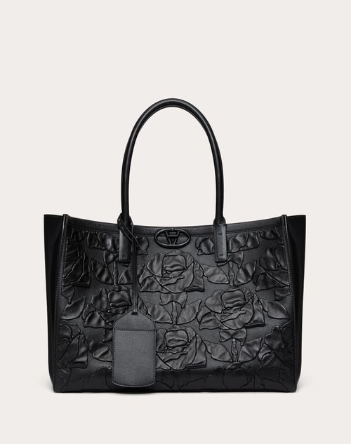 Valentino Garavani - Borsa Shopping Media Vlogo Locker Tote In Pelle Con Rose Ricamate - Nero - Donna - Borse Shopping