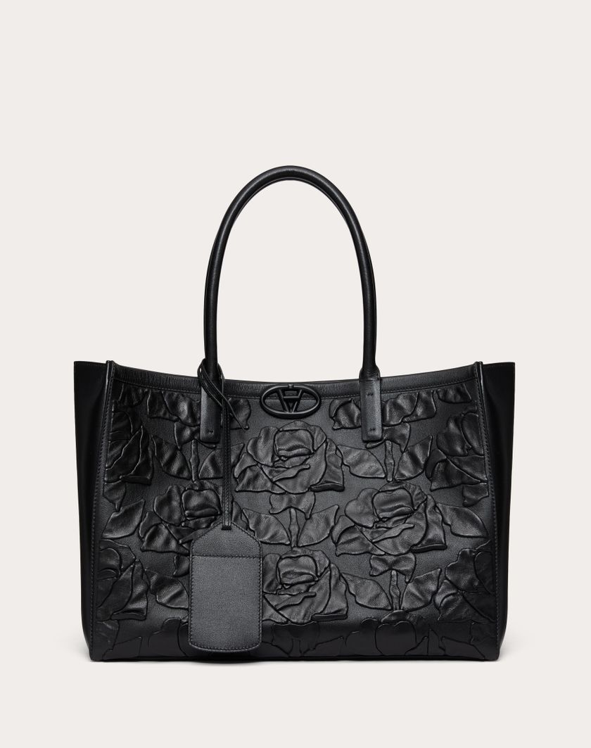 Valentino Handbags Borsa Shopping Media Vlogo Locker Tote In Pelle Con Rose Ricamate per Donna in Nero | Valentino IT