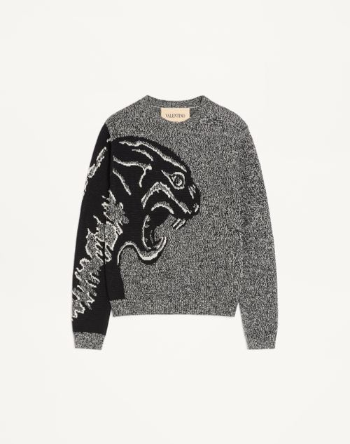 Valentino - Valentino Cotton And Mouliné Wool Jumper With Panther Jacquard - Ivory/black - Man - Knitwear