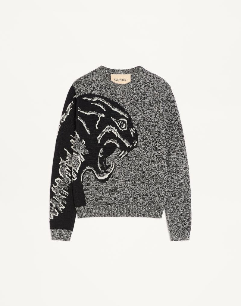 Pull Coton Laine Mouliné Jacquard Panther Ivoire/Noir — Valentino