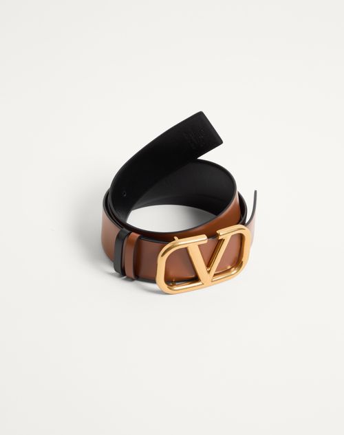 Valentino Garavani - Reversible Vlogo Signature Belt In Glossy Calfskin 40 Mm - Saddle Brown/black - Woman - Accessories