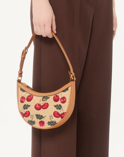 Valentino Garavani - Vlogo Signature Mini Hobo Bag In Jacquard Raffia With Cherryfic Pattern - Natural/red - Woman - Shoulder Bags