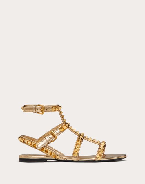 Valentino Garavani - Rockstud No Limit Flat Sandal In Metallic Nappa - Gold - Woman - Rockstud Sandals - Shoes