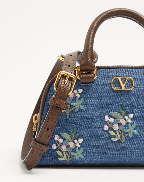 Valentino Garavani - Valentino Garavani Vlogo Signature Mini Top-handle Bag In Denim With Floral Embroidery - Denim - Woman - Summer Totes - Bags (vlogo Totes/signature)