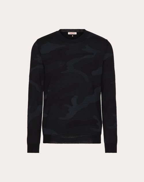 Valentino - Crewneck Wool Sweater With Camounoir Pattern - Black - Man - Knitwear