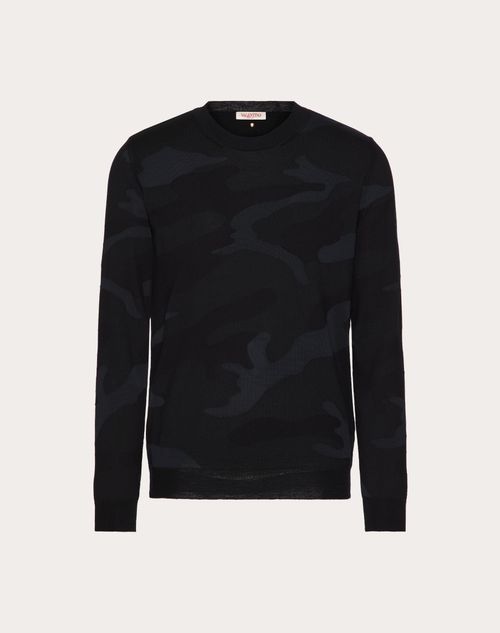 Valentino - Crewneck Wool Sweater With Camounoir Pattern - Black - Man - Shelf - Mrtw - Dark Tones & Camou