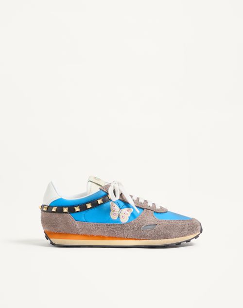 Valentino Garavani - Stud Up Trainer In Split Leather And Nylon With Butterfly Embroidery - Azure/multicolour - Man - Trainers