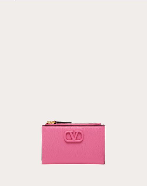 Valentino Garavani - Vlogo Signature Grainy Calfskin Cardholder Wth Zipper - Pink - Woman - Coin Purses & Card Cases