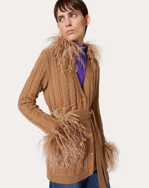 Valentino - Embroidered Wool Cardigan With Feathers - Camel - Woman - Knitwear