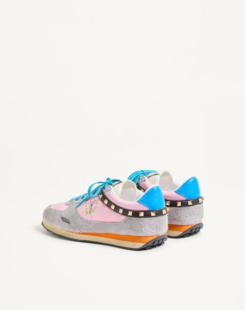 Valentino Garavani - Stud Up Sneaker In Split Leather And Nylon With Butterfly Embroidery - Pink/multicolor - Man - Sneakers