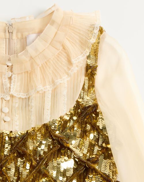 Tulle Illusione Embroidered Short Dress for Woman in Gold Tulle Illusione Embroidered Short Dress for Woman in Gold