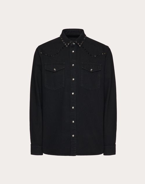 Valentino - Denim Shirt With Black Untitled Studs - Black - Man - Denim Shirts