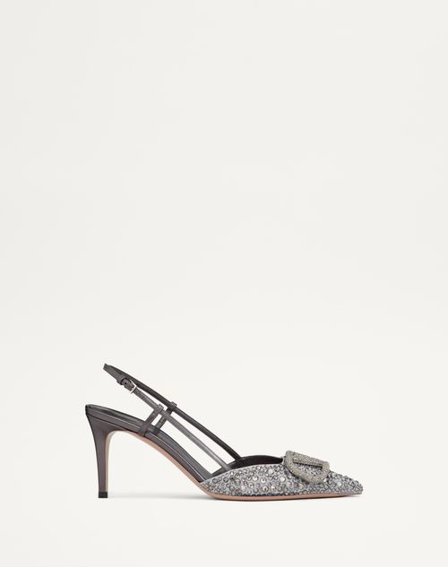 Valentino Garavani - Embroidered Vlogo Signature Slingback Pump With Crystals 80 Mm - Anthracite/silver - Woman - Woman Shoes Sale