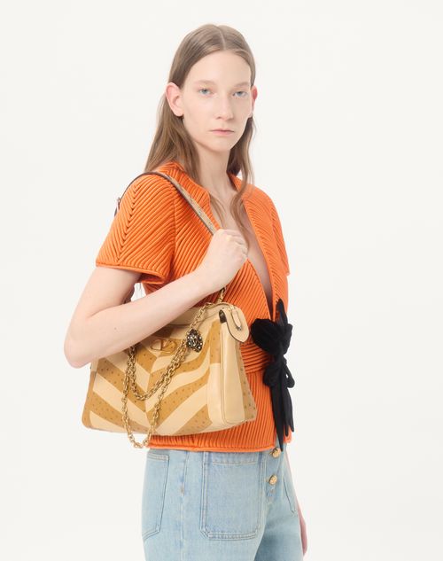 Valentino Garavani - Valentino Garavani Panthea Medium Shoulder Bag In Ostrich And Nappa Leather With A Chevron Pattern - Tobacco/gold Beige - Woman - Shoulder Bags