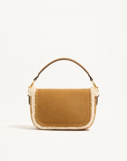Valentino Garavani - Valentino Garavani Alltime Suede Shoulder Bag With Sheepskin Lining And Embroidered Ribbon Shoulder Strap - Havana Beige - Woman - Shoulder Bags