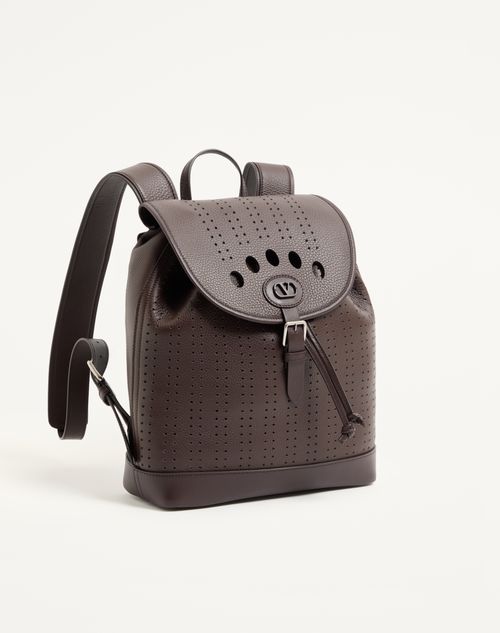Valentino Garavani - Valentino Garavani Antibes Rucksack Aus Perforiertem Leder - Dark Marron - Mann - Rucksäcke