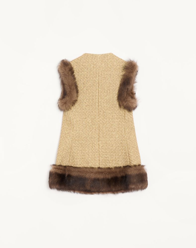 Valentino Tweed Canestrello Lurex Waistcoat With Shearling Details Woman Gold 42