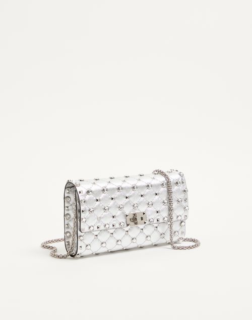 Valentino Garavani - Valentino Garavani Rockstud Spike Shoulder Bag In Laminated Nappa Leather With Cabochon Stones - Silver/crystal - Woman - Clutches