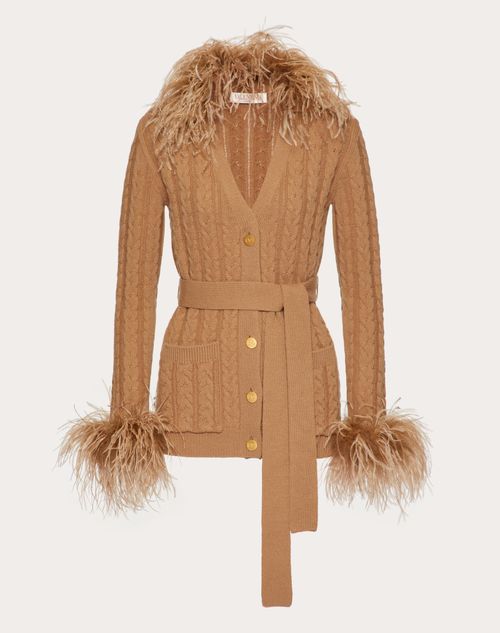 Valentino - Cardigan Brodé En Laine Avec Plumes - Camel - Femme - Maille