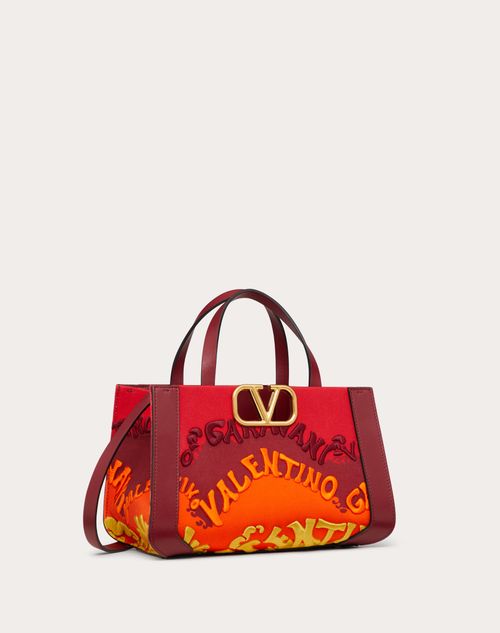 Valentino Garavani - Small Canvas Handbag With Valentino Waves Multicolor Embroidery - Rubin/multicolor - Woman - Totes