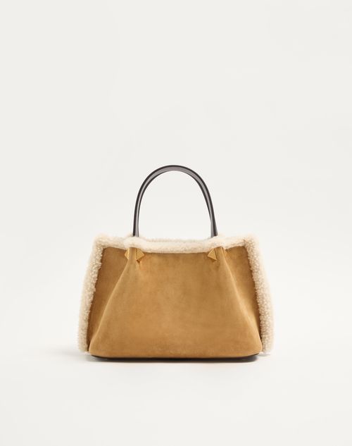 Valentino Garavani - Valentino Garavani Small Shopping Bag In Embroidered Suede With Sheepskin Lining - Havana Beige - Woman - Totes