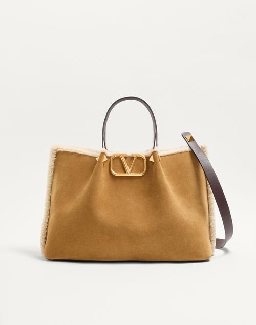 Valentino Garavani - Valentino Garavani Medium Suede Shopping Bag With Sheepskin Lining - Havana Beige - Woman - Totes