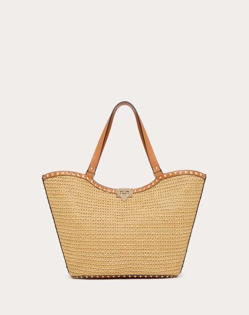 Valentino Garavani - Bolso De Compras Rockstud De Rafia Tejida - Natural/almendra - Mujer - Bolsos Shopping