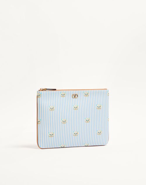 Valentino Garavani - Pochette Valentino Garavani Vlogo Signature En Cuir De Veau Grainé À Imprimé Le Chat De La Maison - Bleu D'azur/ivoire - Homme - Pochettes Et Porte-documents