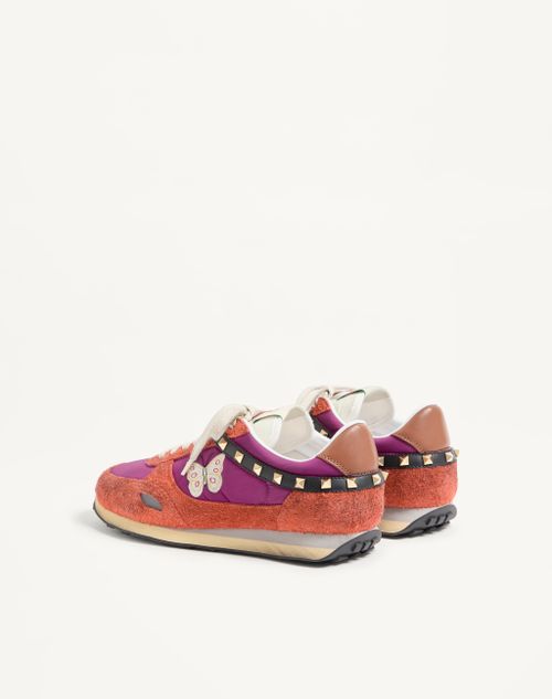 Valentino Garavani - Stud Up Sneaker In Split Leather And Nylon With Butterfly Embroidery - Orange/purple - Man - Sneakers