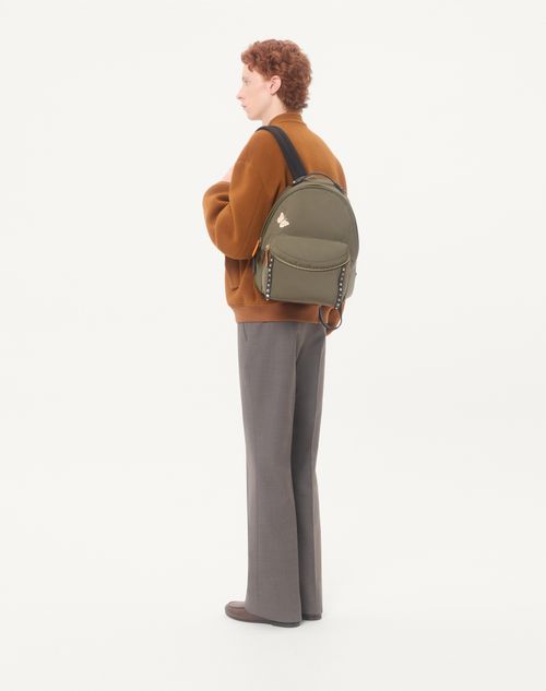 Valentino Garavani - Rockstud Backpack In Technical Fabric - Military Green - Man - Backpacks