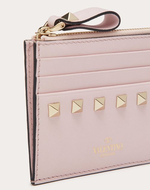 Valentino Garavani - Rockstud Calfskin Cardholder With Zipper - Rose Quartz - Woman - Wallets And Small Leather Goods