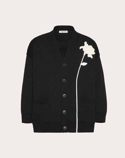 Valentino - Cotton Cardigan With Flower Embroidery - Black - Man - Shelf - Mrtw - Flower Embro