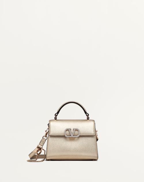 Valentino Garavani - Mini Vsling Handbag In Metallic Grainy Calfskin - Platinum/crystal - Woman - Mini Bags