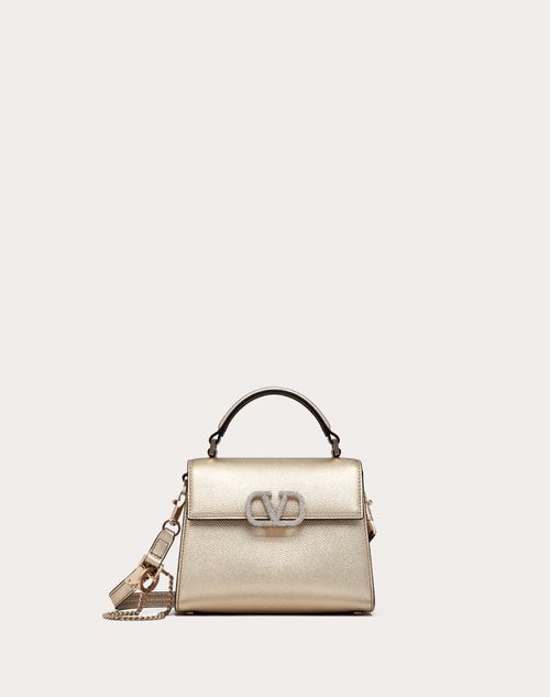 Valentino Garavani - Mini Vsling Handbag In Metallic Grainy Calfskin - Platinum/crystal - Woman - Top Handle Bags