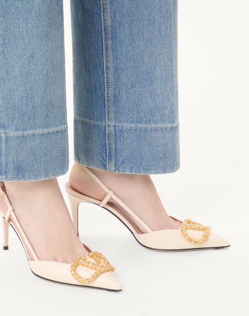 Valentino Garavani - Vlogo Signature Slingback Calfskin Pump With Jewel Logo 80mm - Ivory - Woman - Pumps