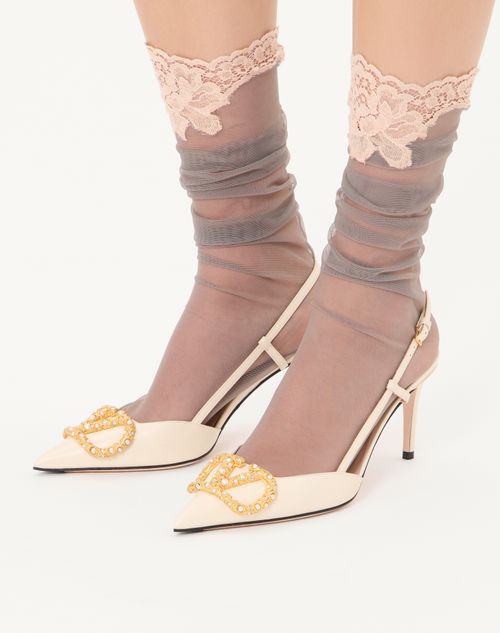 Valentino Garavani - Vlogo Signature Slingback Calfskin Pump With Jewel Logo 80mm - Ivory - Woman - Pumps And Slingbacks