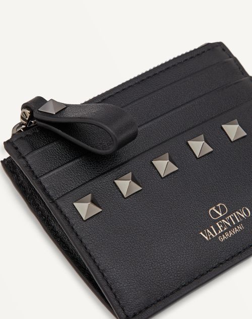 Valentino Garavani - Porte-cartes Rockstud Zippé En Cuir De Veau - Noir - Femme - Portefeuilles Et Petite Maroquinerie