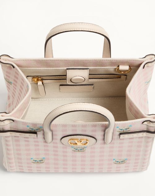 Valentino Garavani - Valentino Garavani Antibes Small Shopping Bag In Vichy Le Chat De La Maison Canvas - Pink/ivory - Woman - Totes