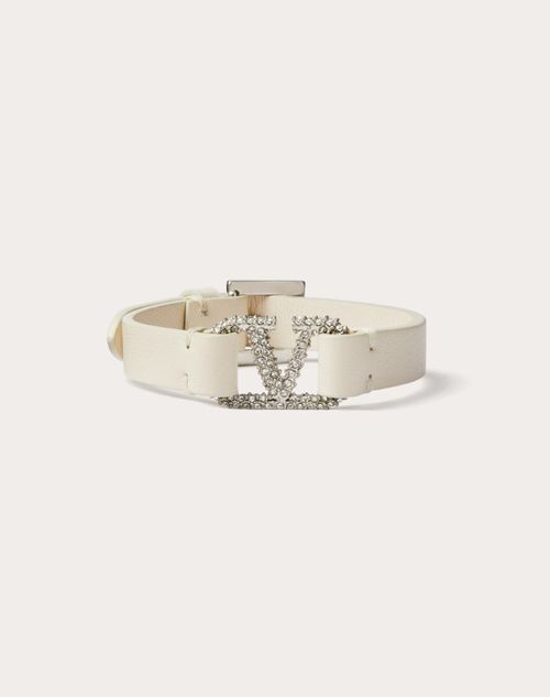Valentino Garavani - Bracelet Valentino Garavani Vlogo Signature En Cuir Et Cristaux - Light Ivory - Femme - Leather Bracelets - Accessories