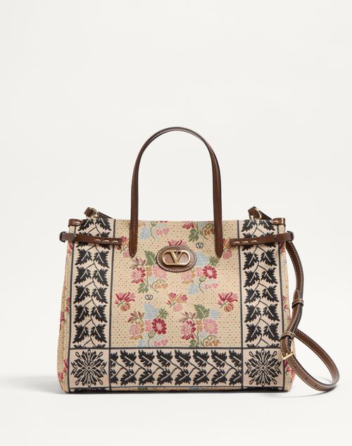 Valentino Garavani - Valentino Garavani Antibes Medium Shopping Bag In Jacquard And Karung Fabric - Multicolour/tobacco - Woman - Bags