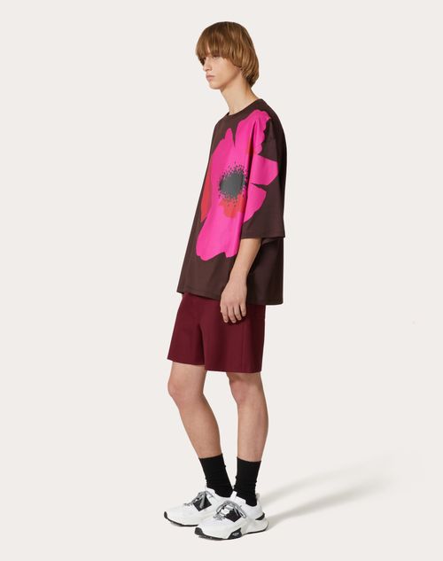 Valentino - Mercerised Cotton T-shirt With Valentino Flower Portrait Print - Tobacco/pink Pp - Man - Tshirts And Sweatshirts